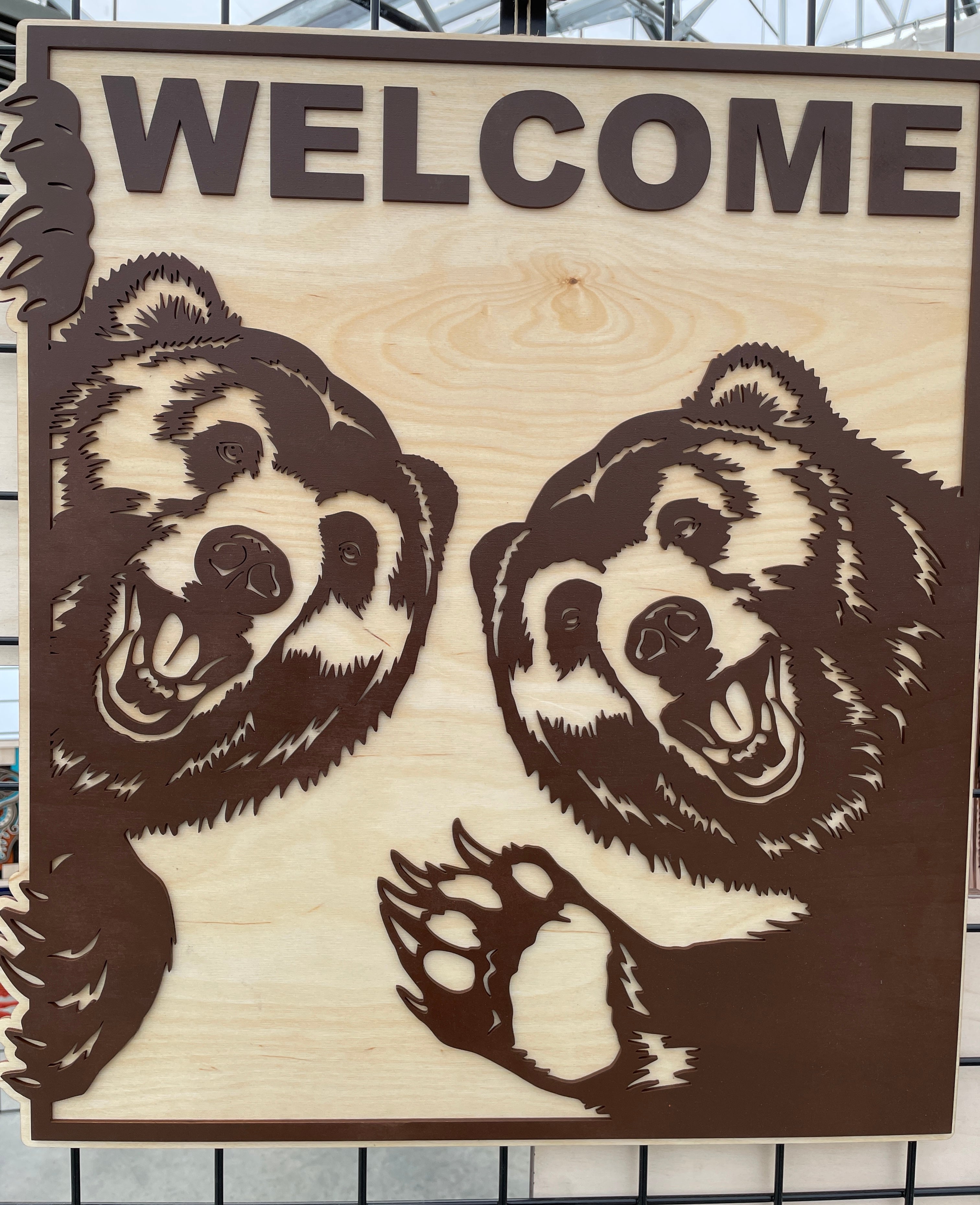 Wooden Laser-Cut Peeking Bear Welcome Sign