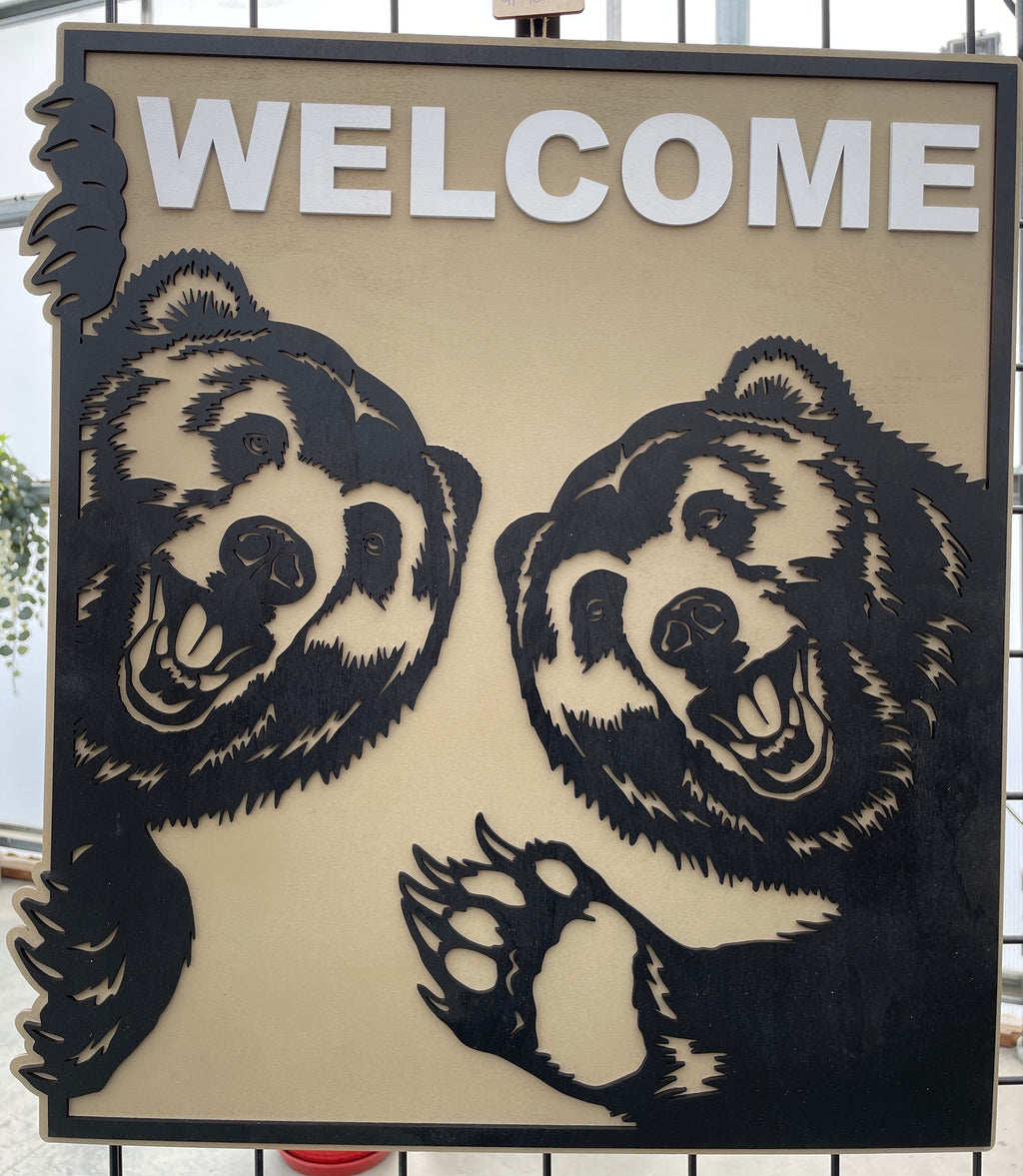 Wooden Laser-Cut Peeking Bear Welcome Sign