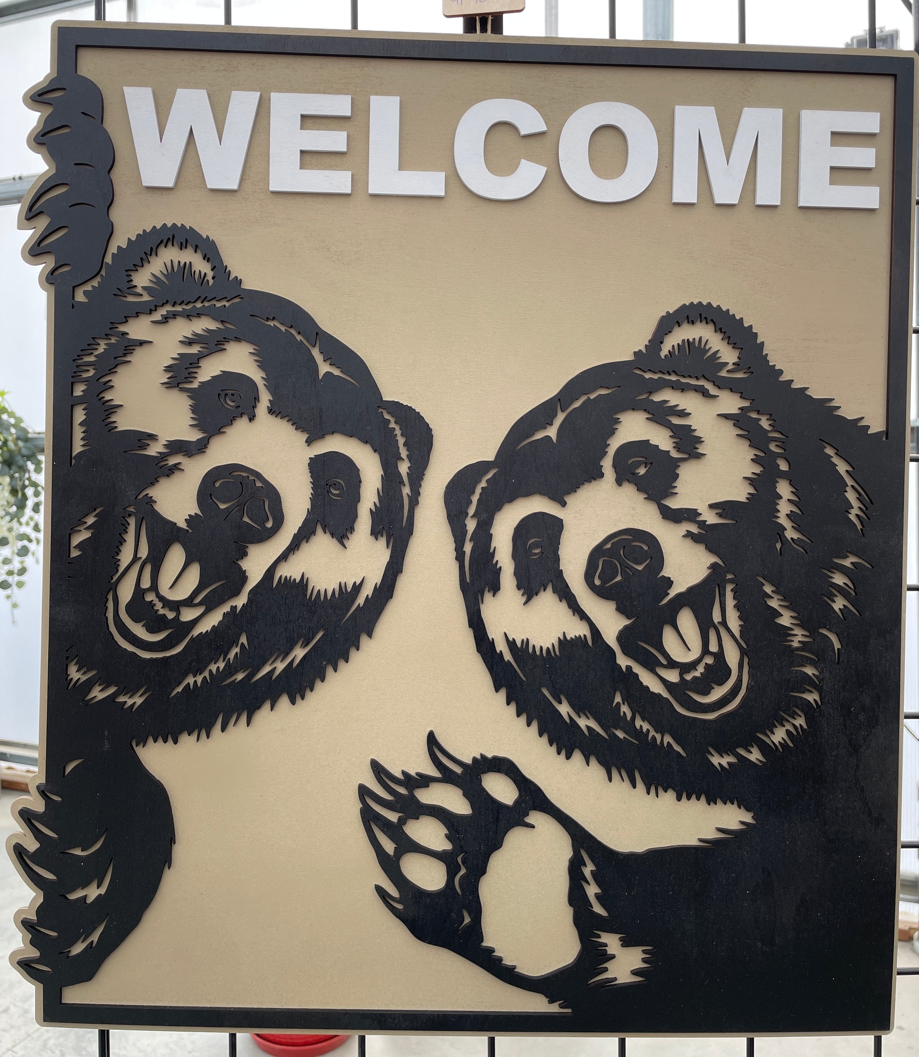 Wooden Laser-Cut Peeking Bear Welcome Sign
