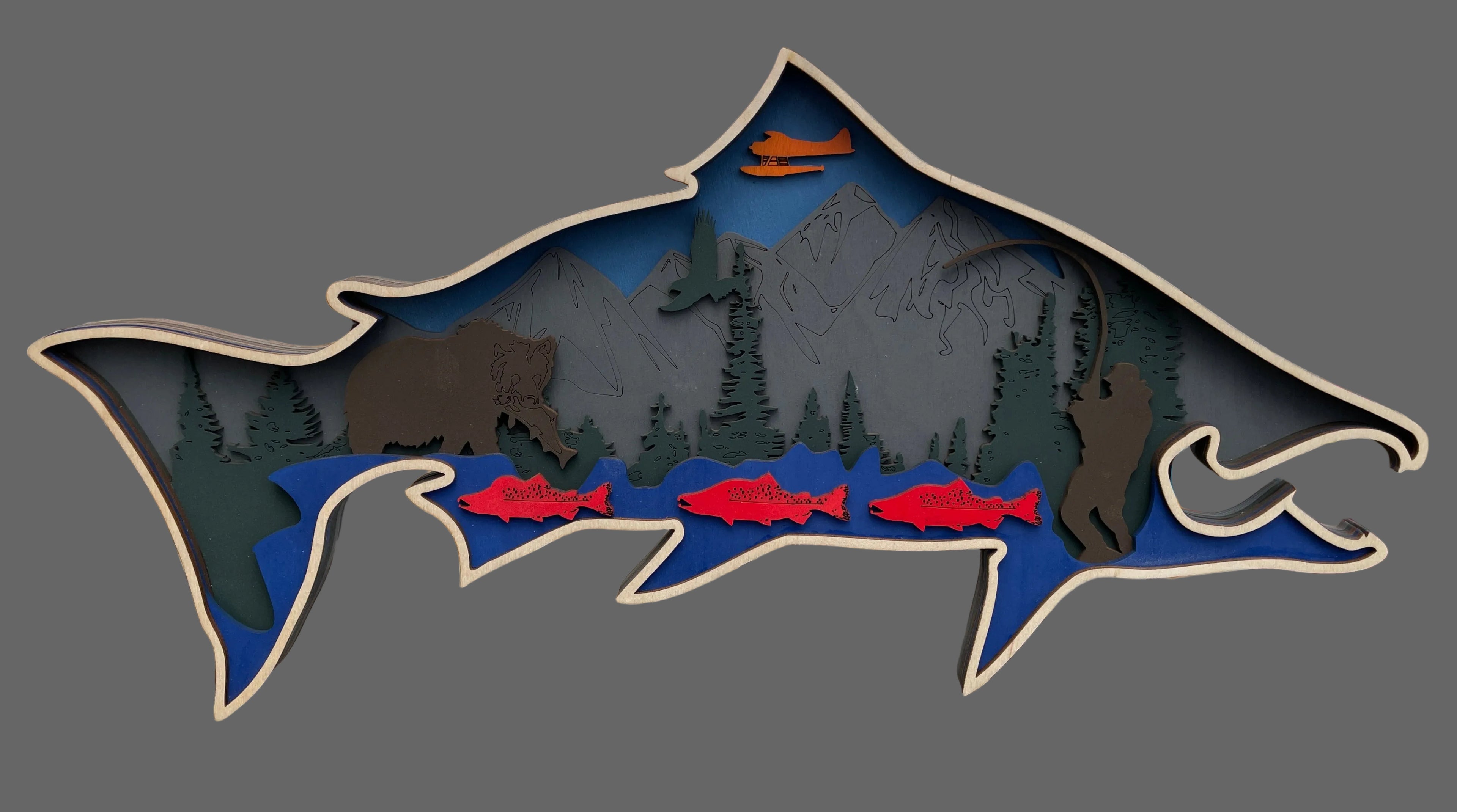 Multi-Layered Wooden Fish Wall Art - Alaskan Wilderness Scene