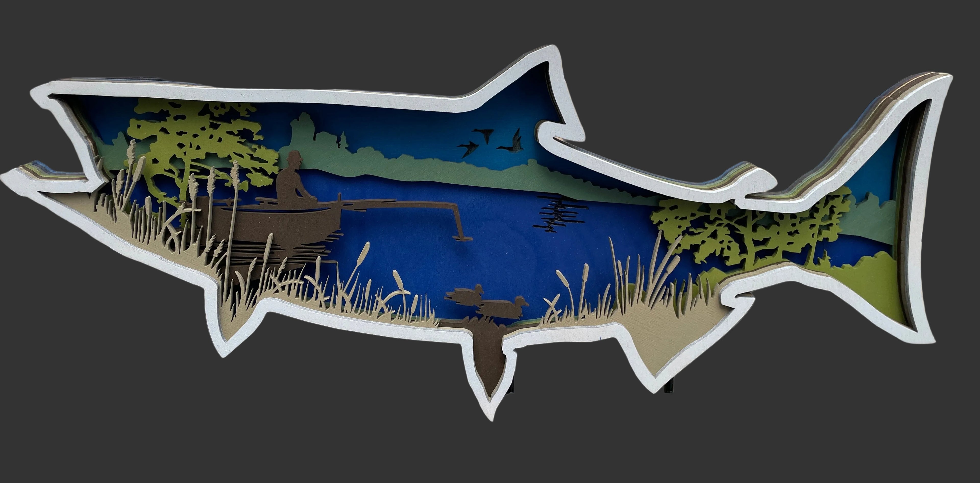 Multi-Layered Wooden Fish Wall Art Fishing Scene