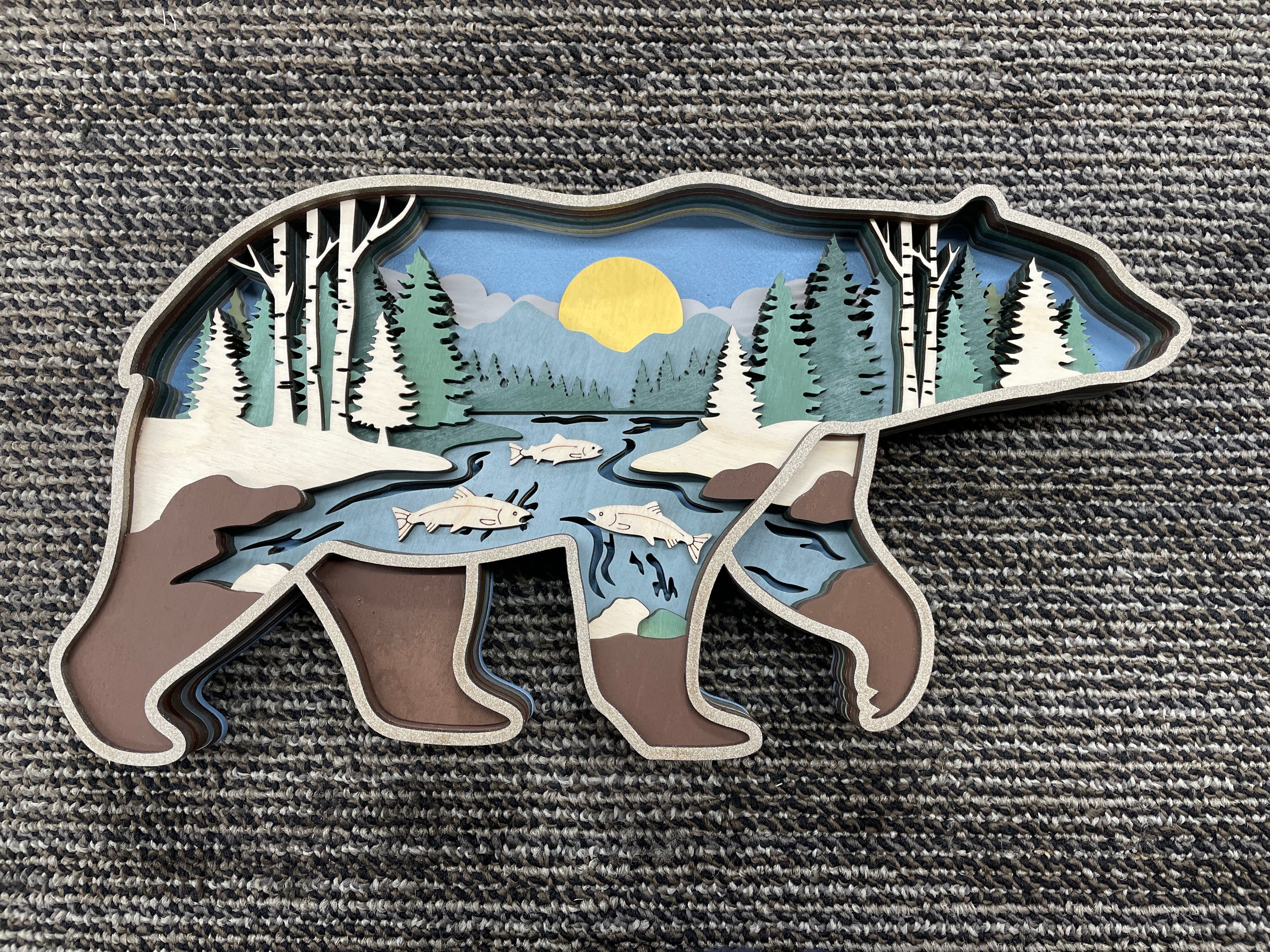 Laser-cut Bear featuring salmon scene