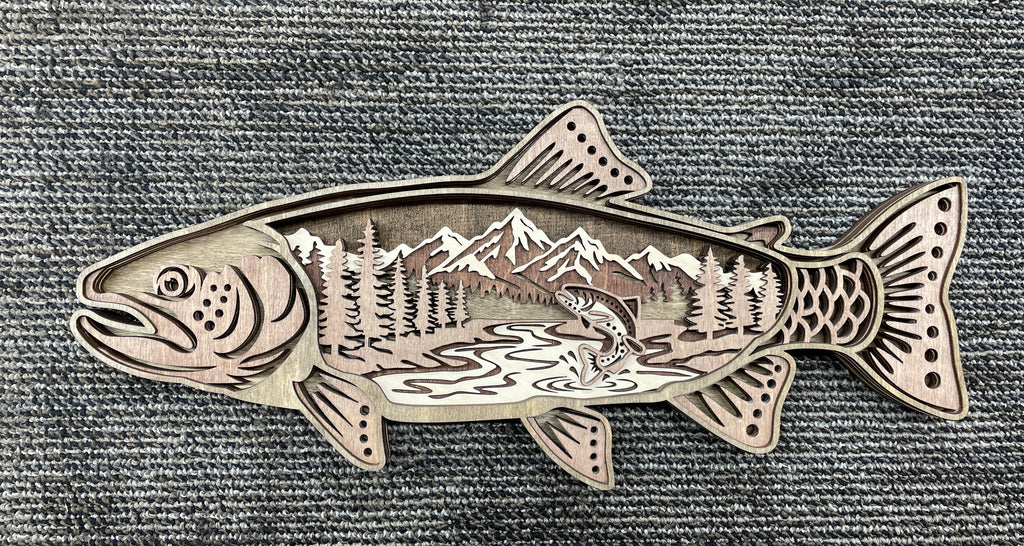 Wooden Laser-cut Trout shaped fishing scene