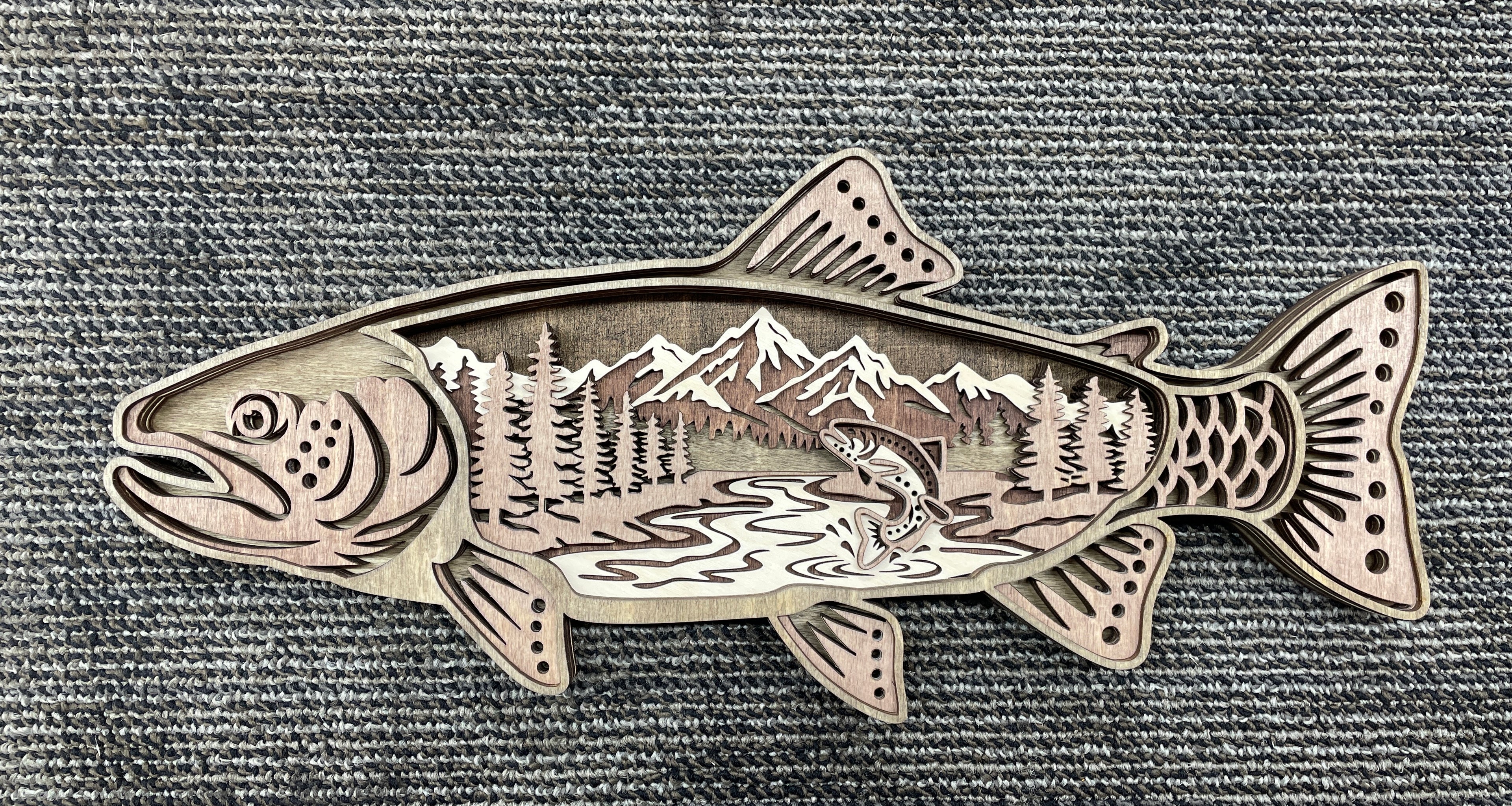 Wooden Laser-cut Trout shaped fishing scene