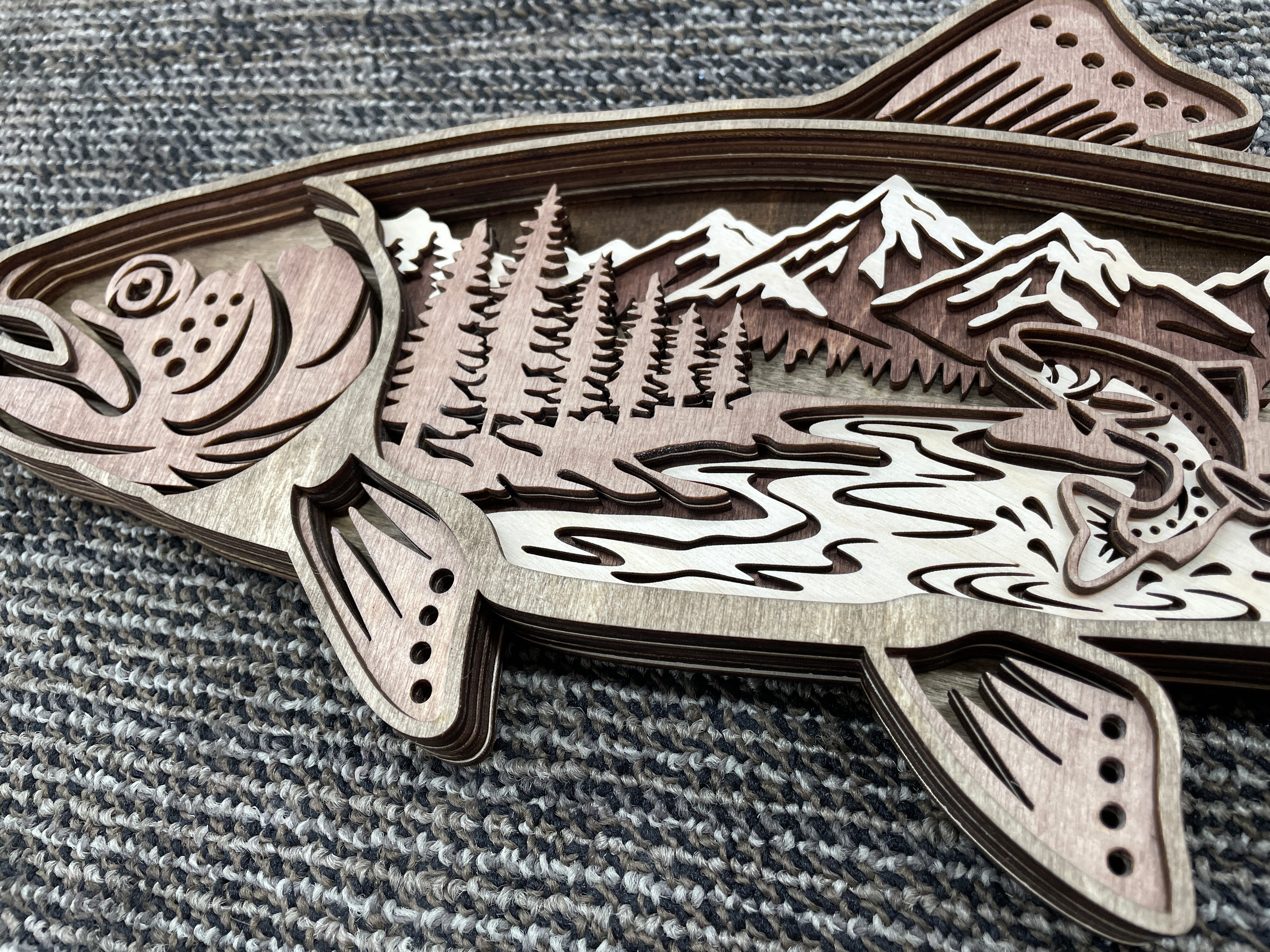 Wooden Laser-cut Trout shaped fishing scene