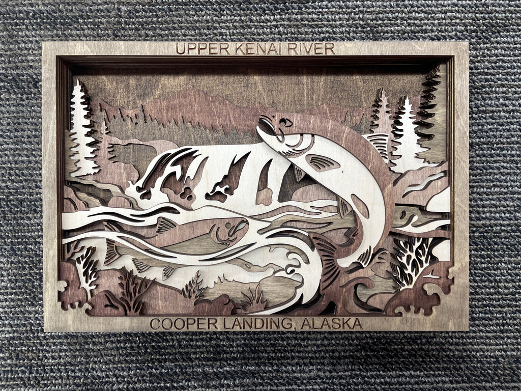Laser-cut Salmon Fishing Scene