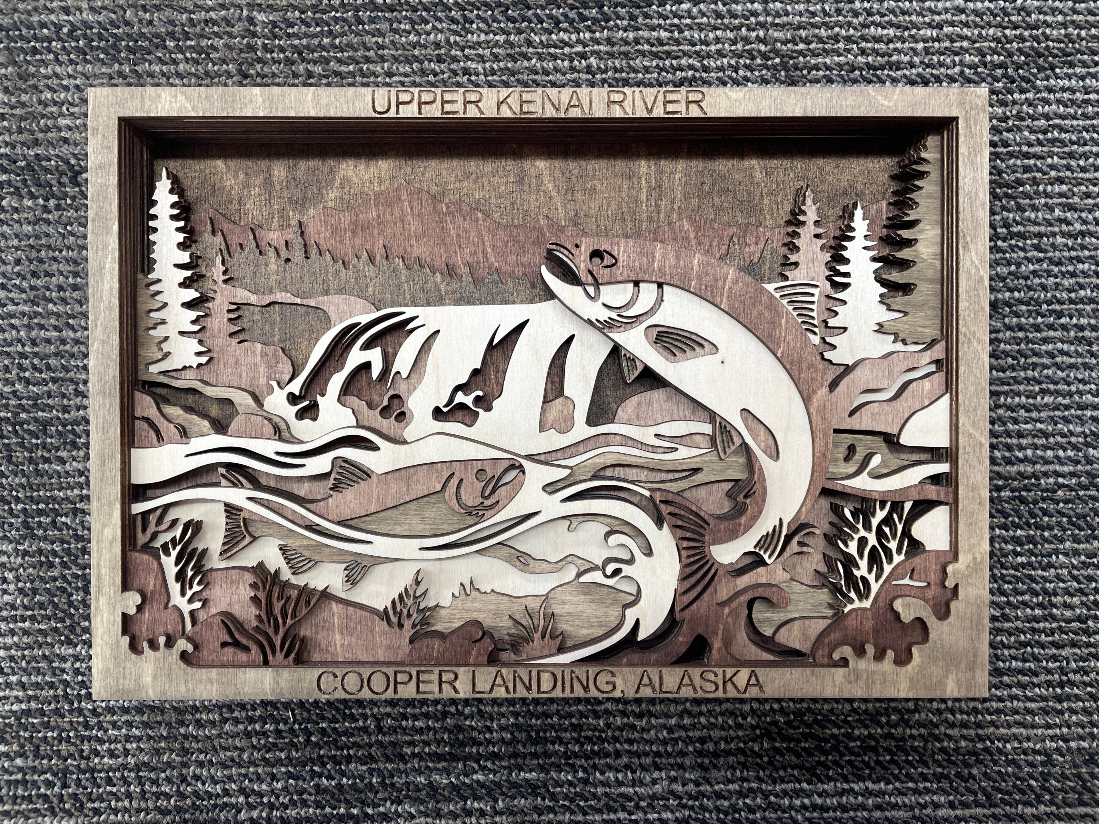 Laser-cut Salmon Fishing Scene