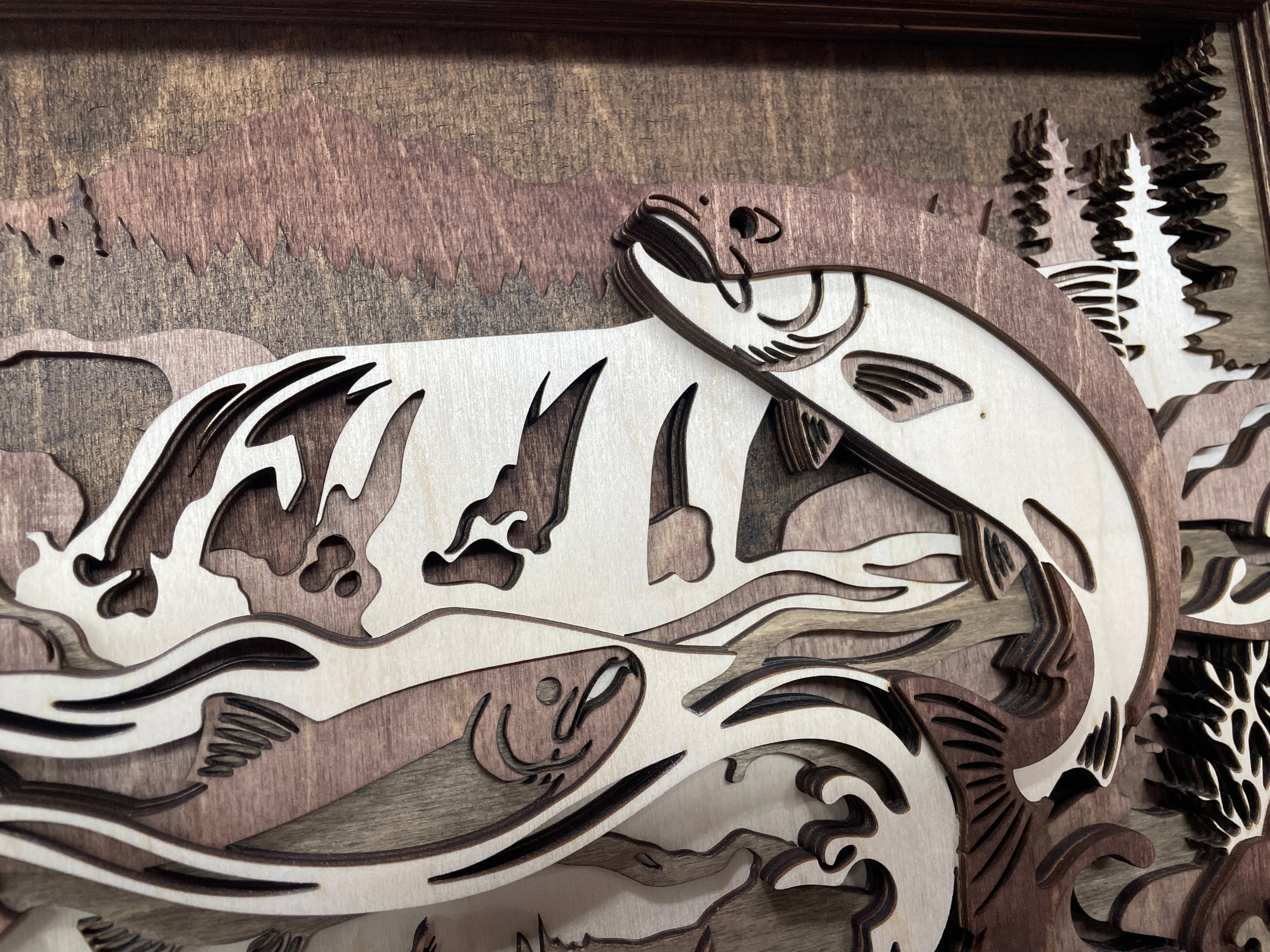 Laser-cut Salmon Fishing Scene