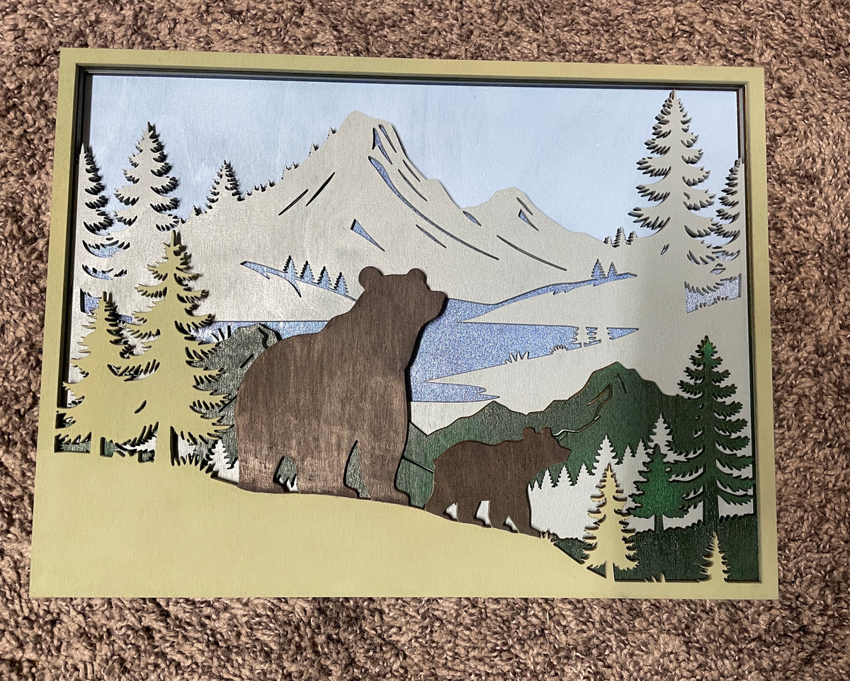 Handcrafted Wooden Bear with Cub in Mountain Scene