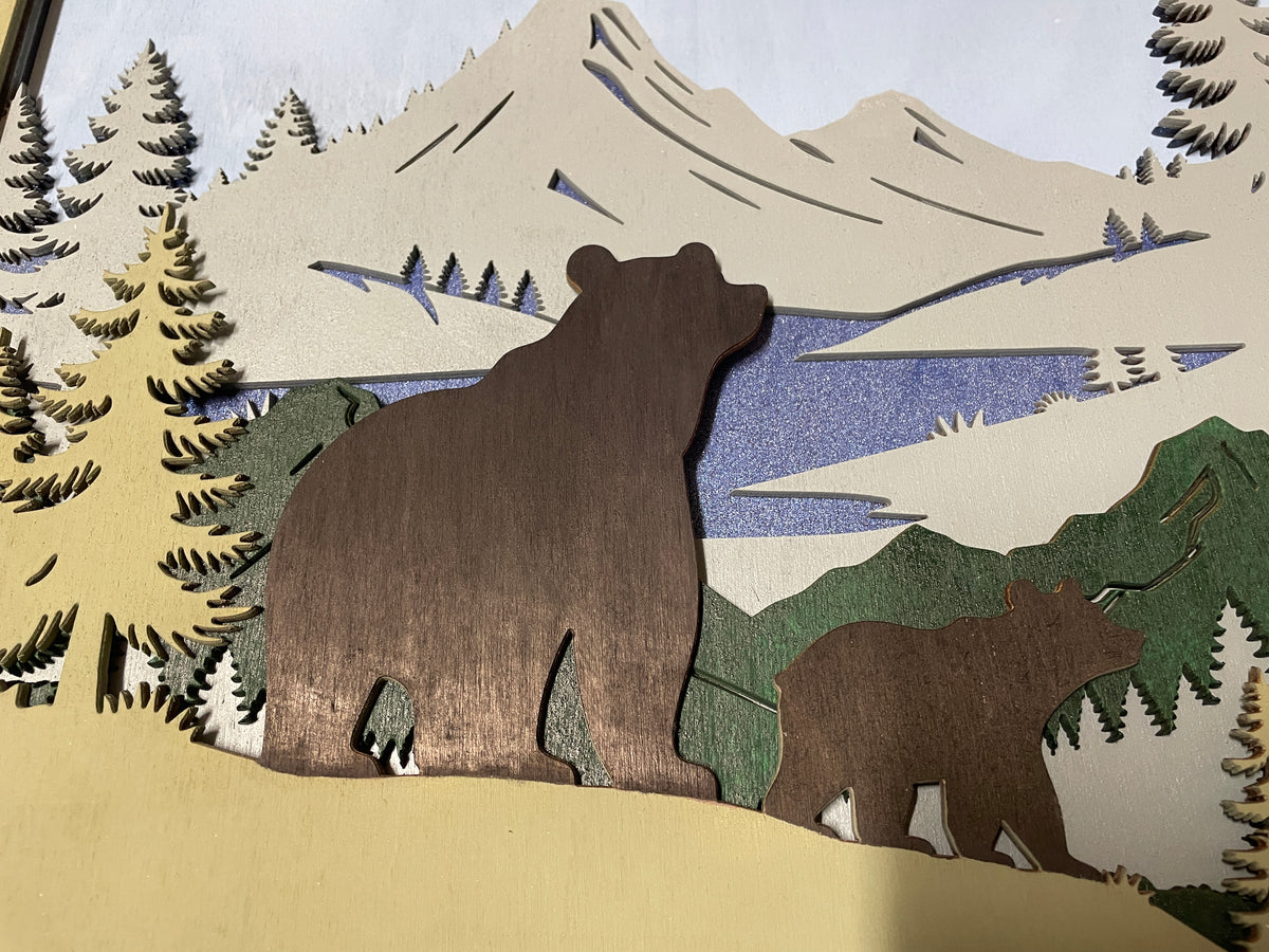 Handcrafted Wooden Bear with Cub in Mountain Scene