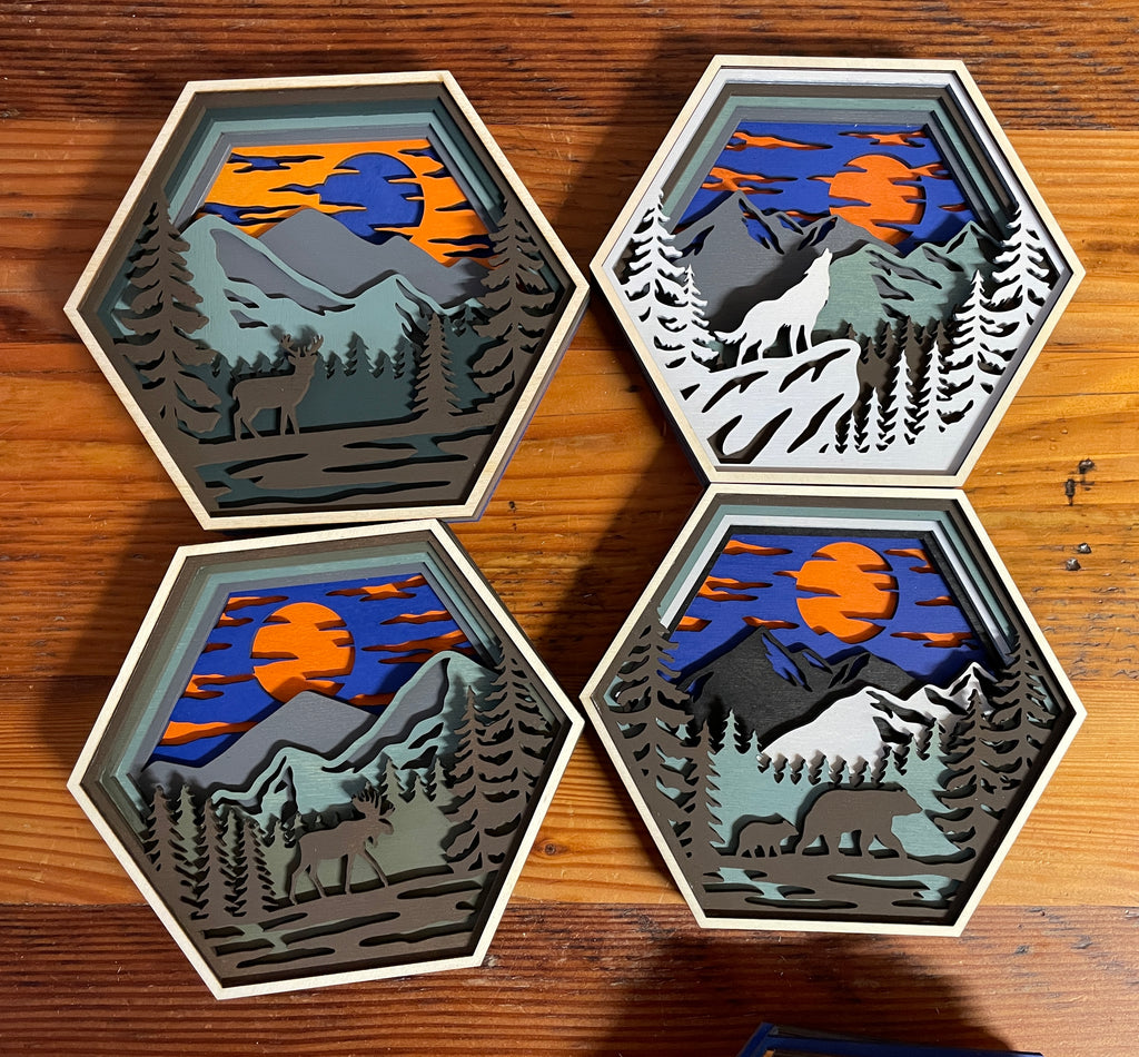 Multi-layered hexagon shaped wildlife pieces - 4 options available