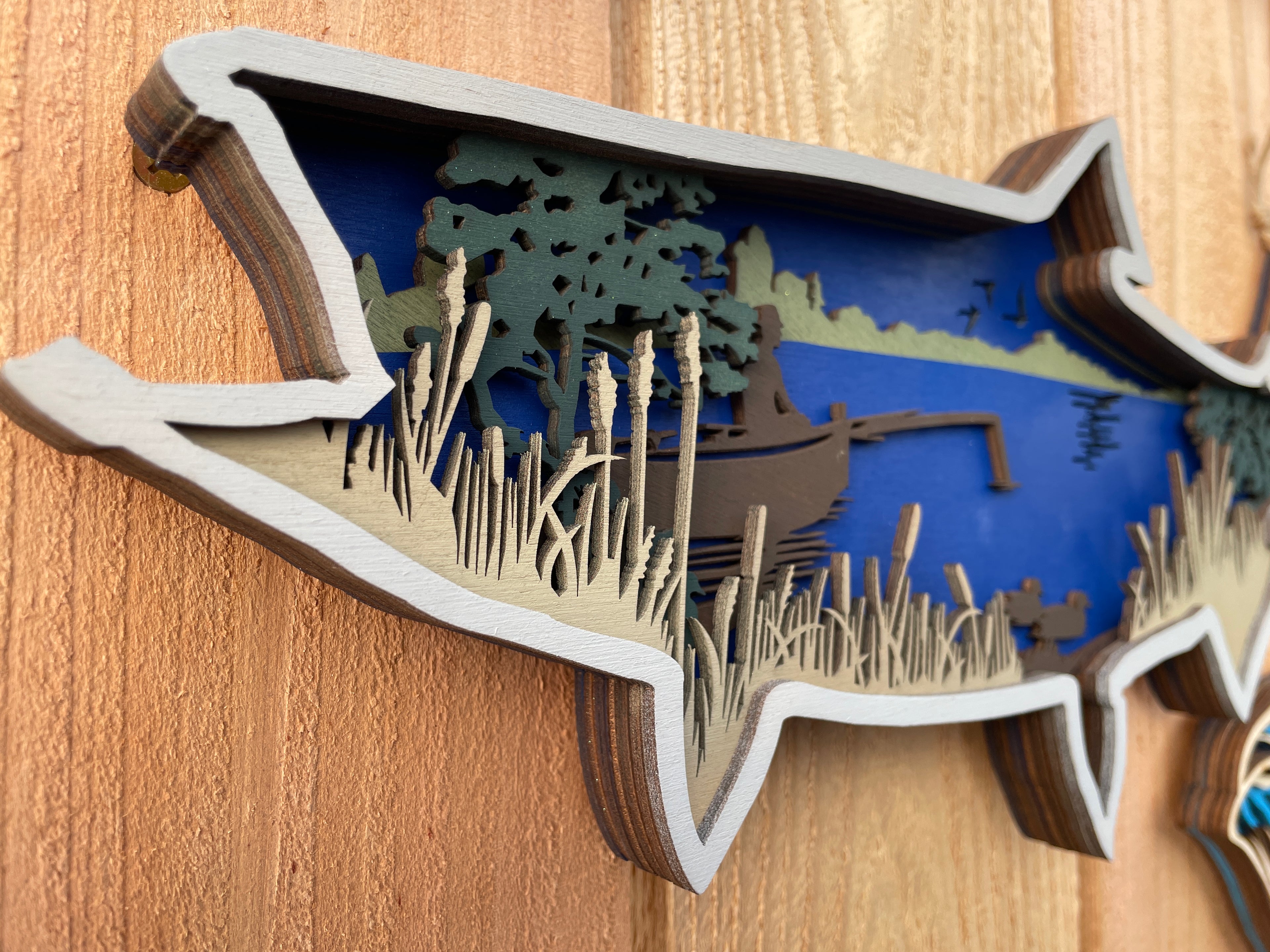 Multi-Layered Wooden Fish Wall Art Fishing Scene