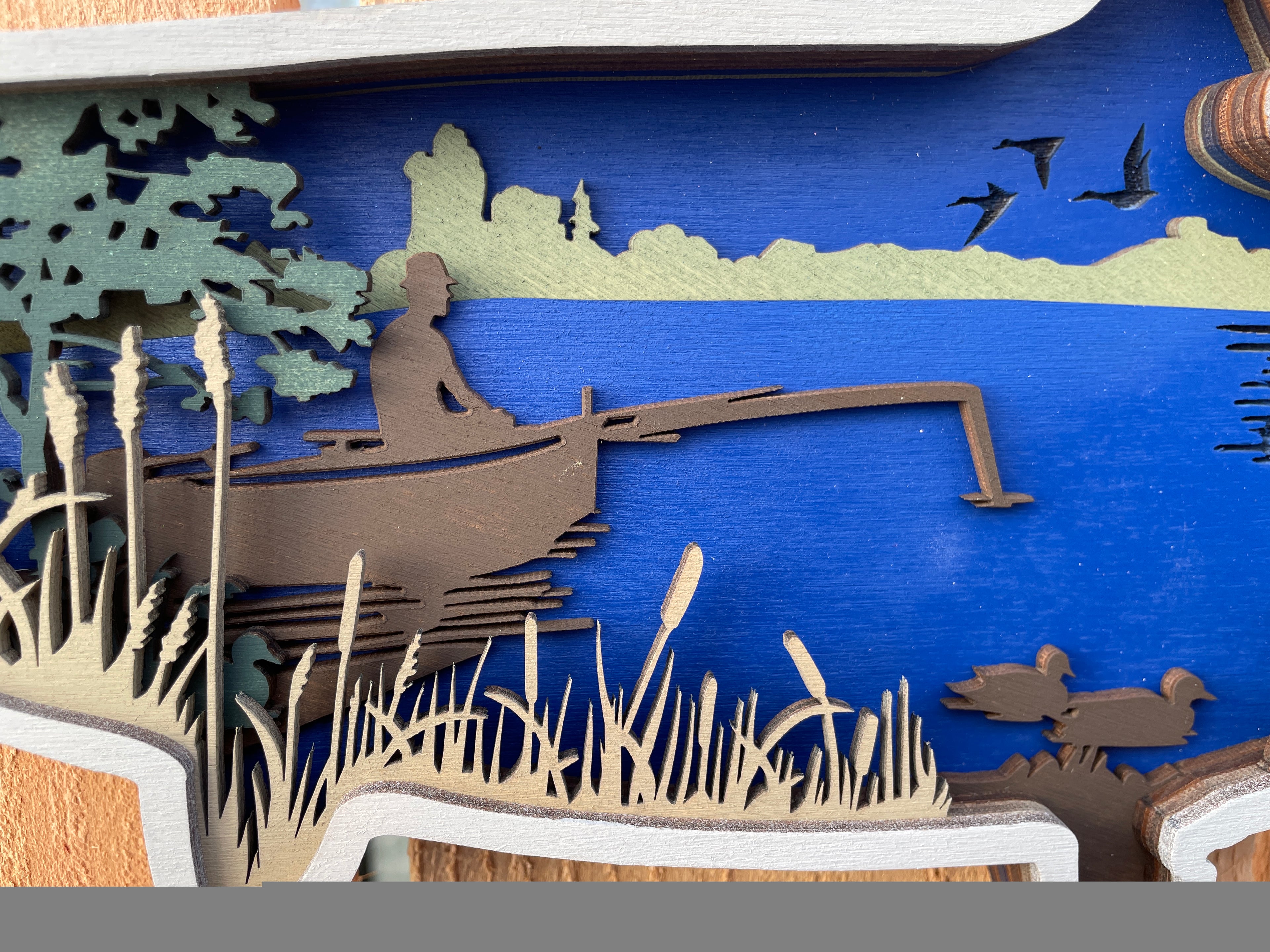 Multi-Layered Wooden Fish Wall Art Fishing Scene