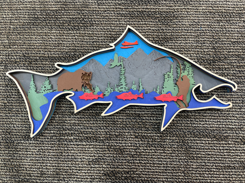Multi-Layered Wooden Fish Wall Art - Alaskan Wilderness Scene