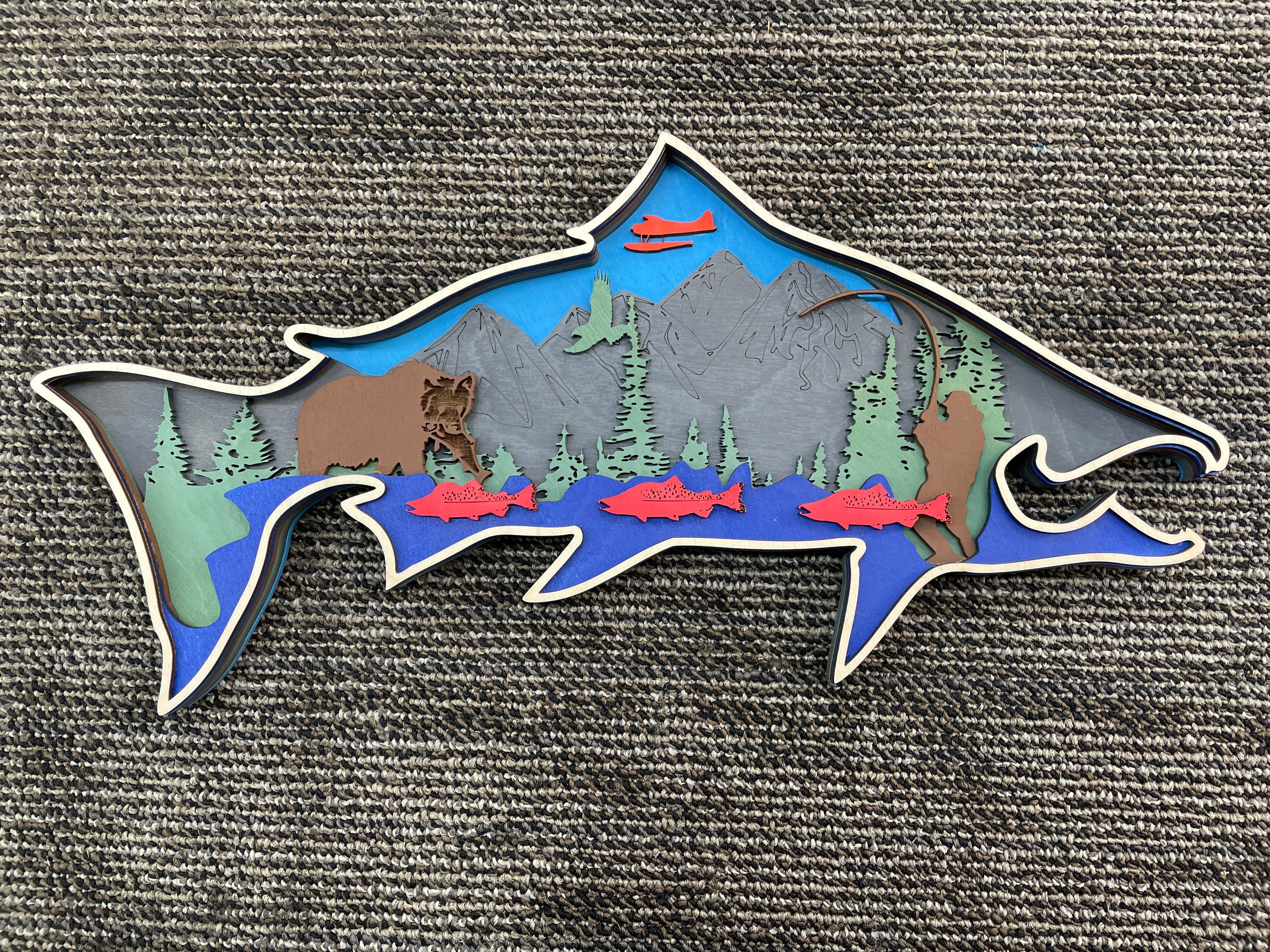 Multi-Layered Wooden Fish Wall Art - Alaskan Wilderness Scene