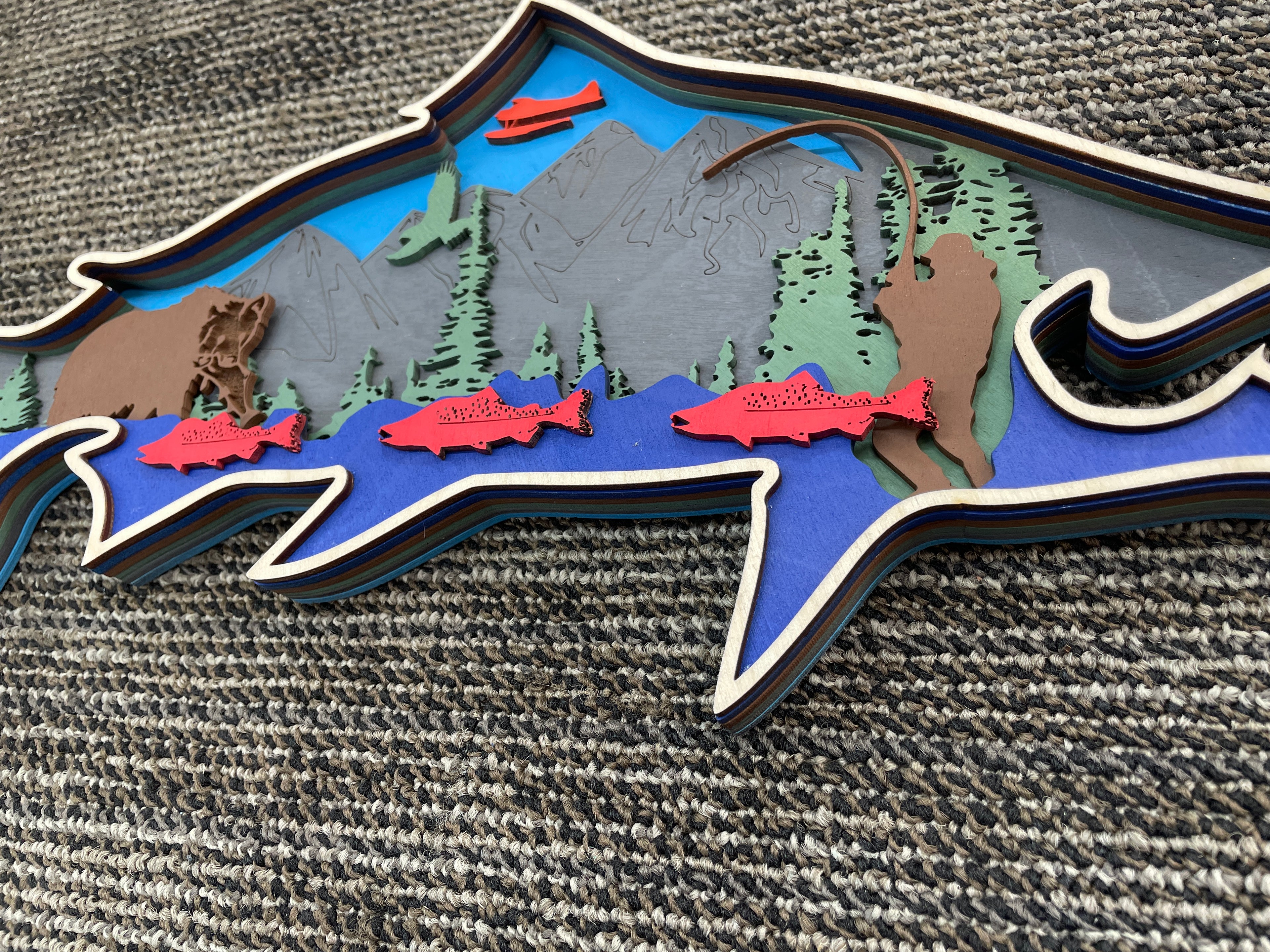 Multi-Layered Wooden Fish Wall Art - Alaskan Wilderness Scene