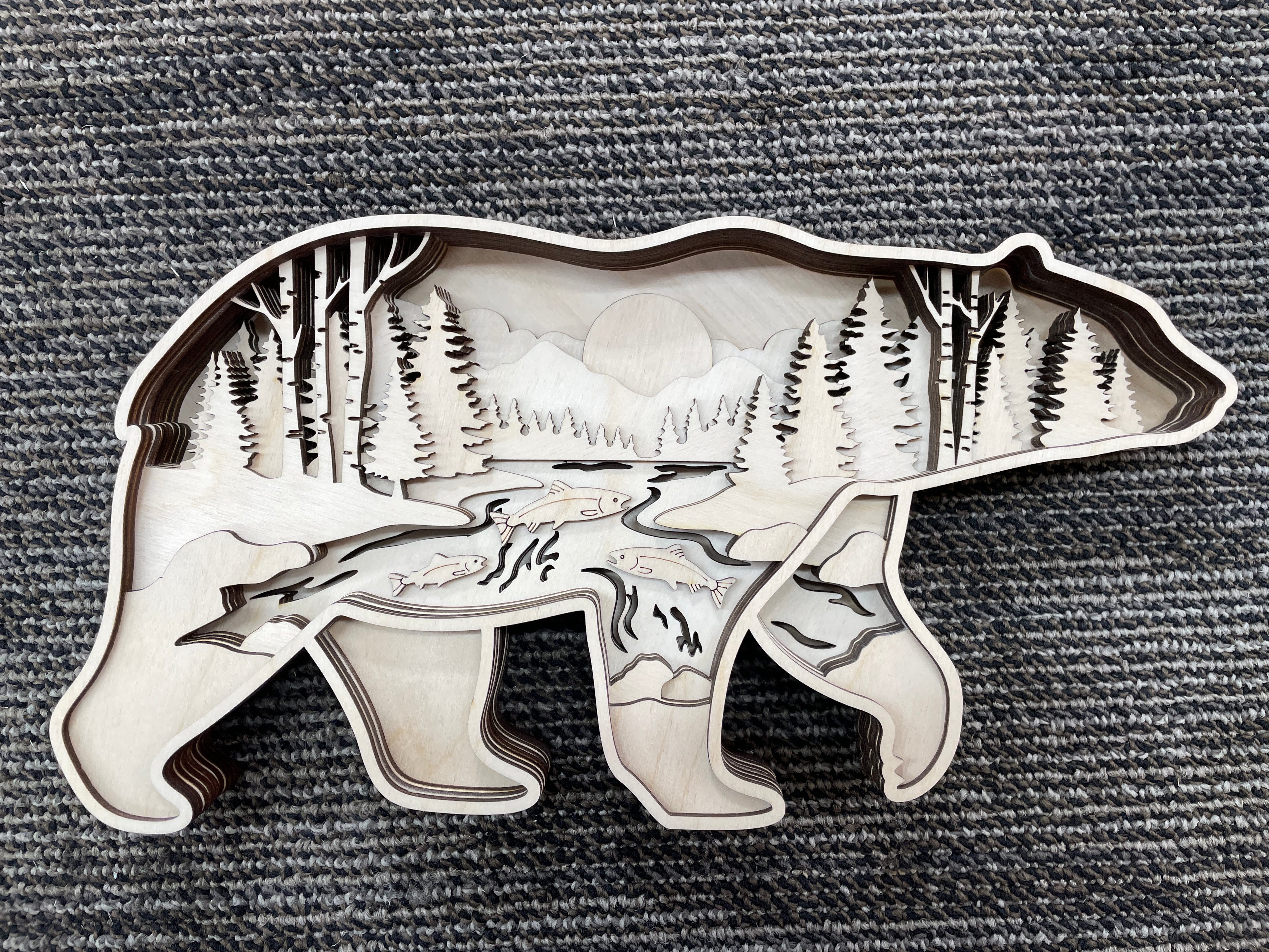 Laser-cut Bear featuring salmon scene