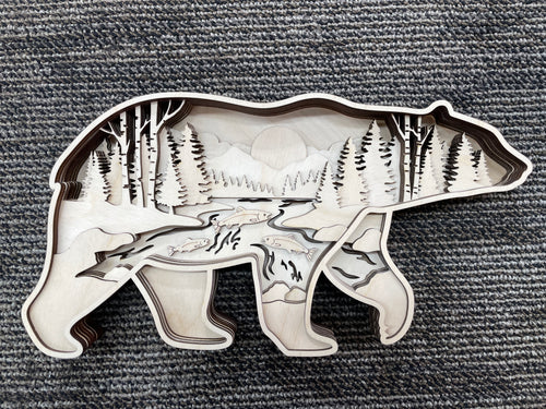 Laser-cut Bear featuring salmon scene