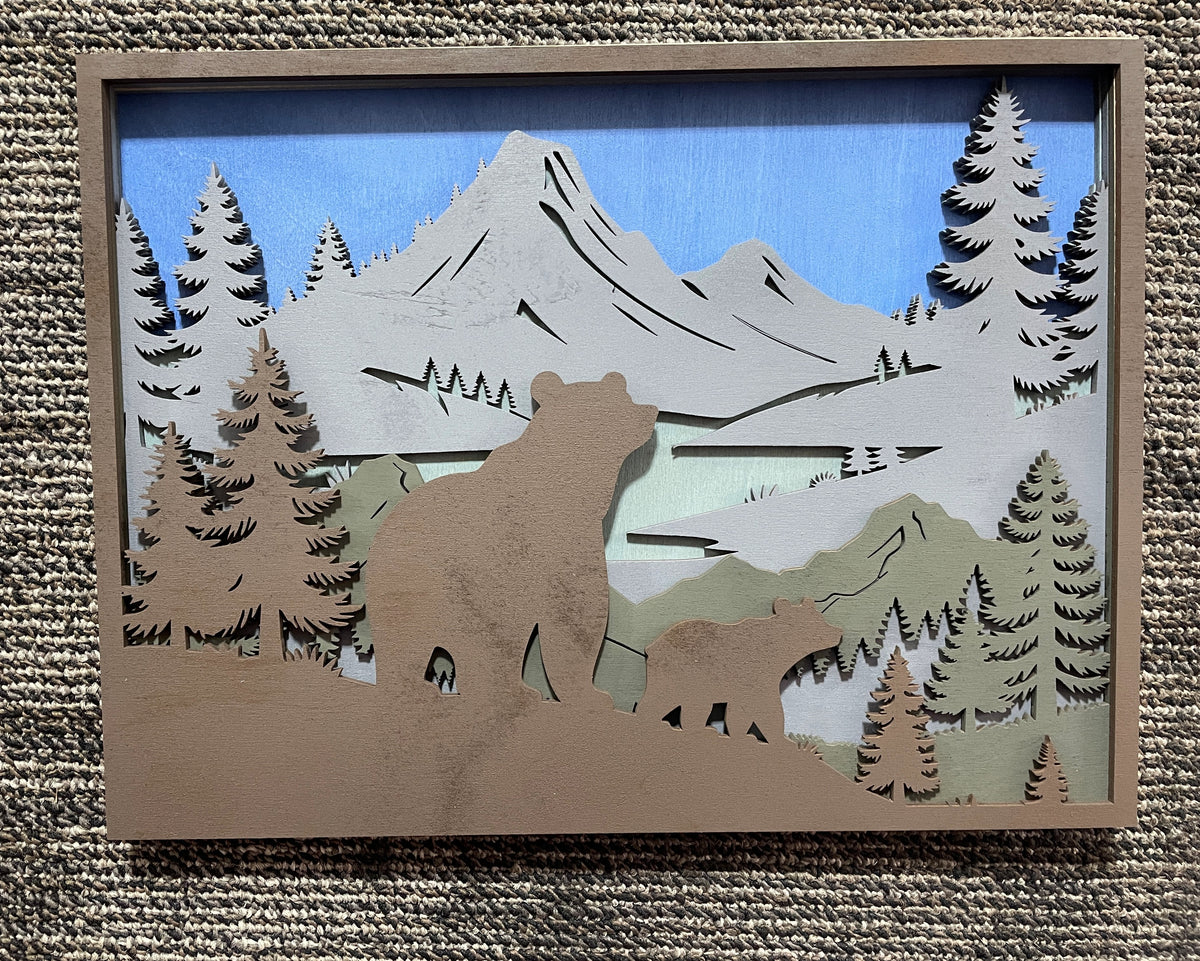 Handcrafted Wooden Bear with Cub in Mountain Scene